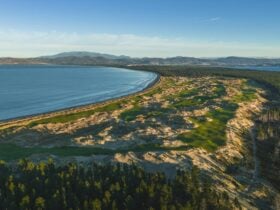 View across the course and along 7 Mile Beach back to Hobart