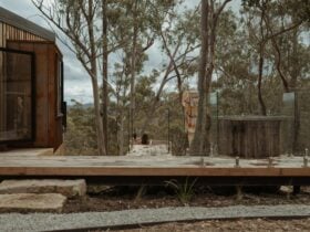 A cabin, hot tub and cold plunge with a view through trees