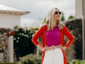 Fuchsia pink round top and Orange Drape cardigan