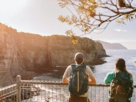 A man and woman standing behind a railing overlooking coastline with very high sea cliffs