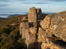 Exposed rock crags on Trestle Mountain in Wellington Park