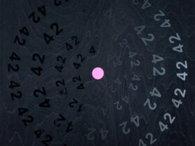 Artwork with a black background and a circular pattern of the number 42. Pink dot in centre.