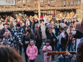An audience of all ages dancing outdoors in front of a stage