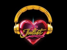A shiney pink and gold heart wearing gold headphones with & Juliet overlaid in text