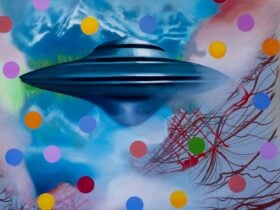 Painting of a flying saucer set against an abstracted sky, with geometric shapes layered throughout.