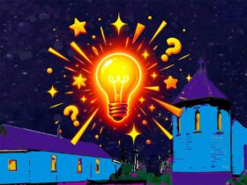 Lightbulb glowing with stars above stylized images of hall and church