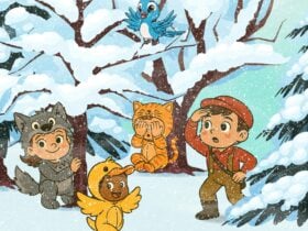 a cartoon of 4 children in various animal costumes playing in the snow
