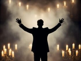 a silhouette of a man in front of hazy candles