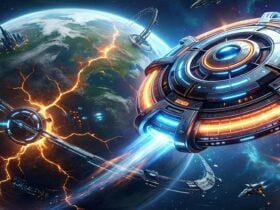 Sci-fi spacecraft approaching Earth as bright fissures spread across the planet.