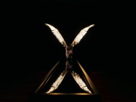 A sculpture of a kneeling Greek goddess with gold wings, reflected in a pool of water.