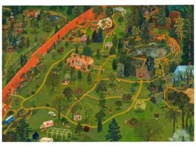 Detailed and pictorially rich aerial view painting of the Tasmanian Botanical Gardens.