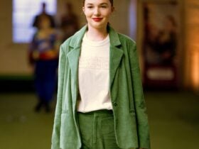 Model in Green pant suit