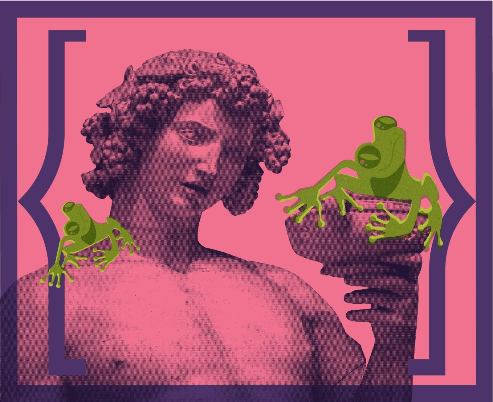 A statue of Dionysus holding frogs