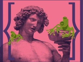 A statue of Dionysus holding frogs