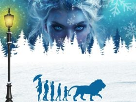 Snowy scene with a lamp post and a witch