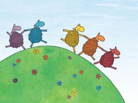 5 rainbow sheep frolic on a green hill
