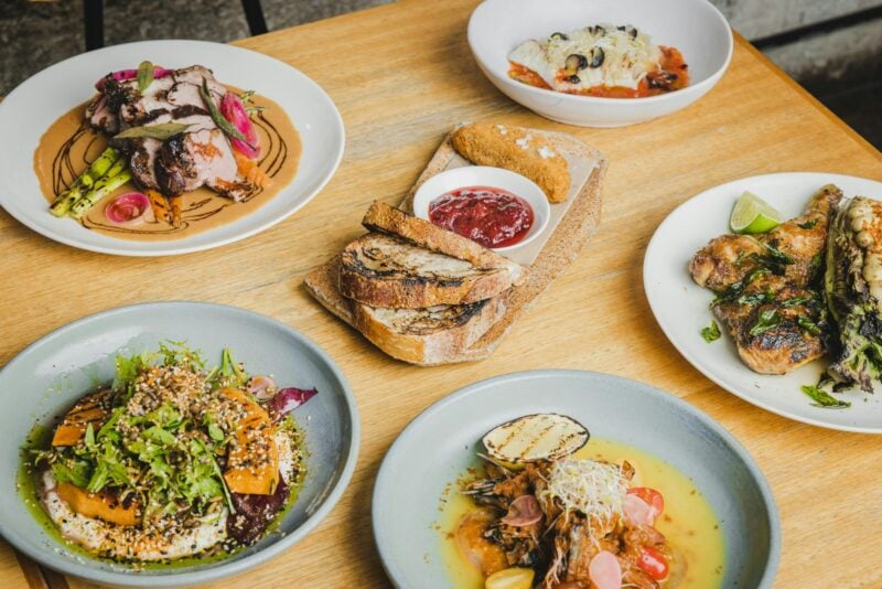 Local lamb, Tasmanian seafood, vegetarian meal, fire-seared prawns