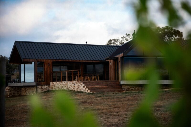 The Caledon Cellar Door viewed from the Pinot Gris vines planted in front of the building