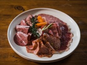 Image shows a grazing platter of gourmet smallgoods meats