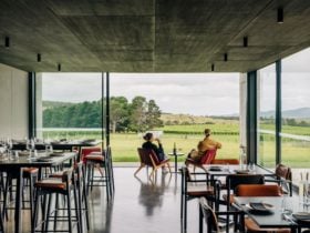 Two women soaking up the vineyard views inside the Devil's Den underground cellar