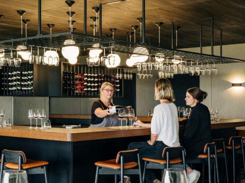 Two women enjoying a guided wine tasting at the bar, inside the Devil