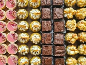 Various beautiful sweet treats in perfect lines.