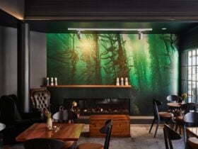 Inside bar with wooden tables and chairs, low fireplace, and large photo mural of Giant Kelp