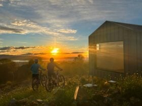 Sunset at The George Tasmania Eco-Pod Accommodation with 270 degree views