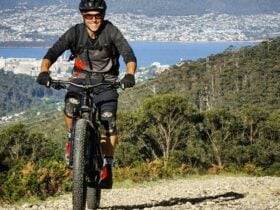 eBikes make climbing fun! High above Hobart.