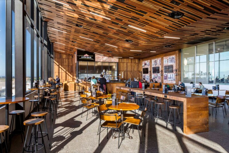 An extensive glass facade and raked timber ceiling adorns the award-winning Boags Bar & Restaurant
