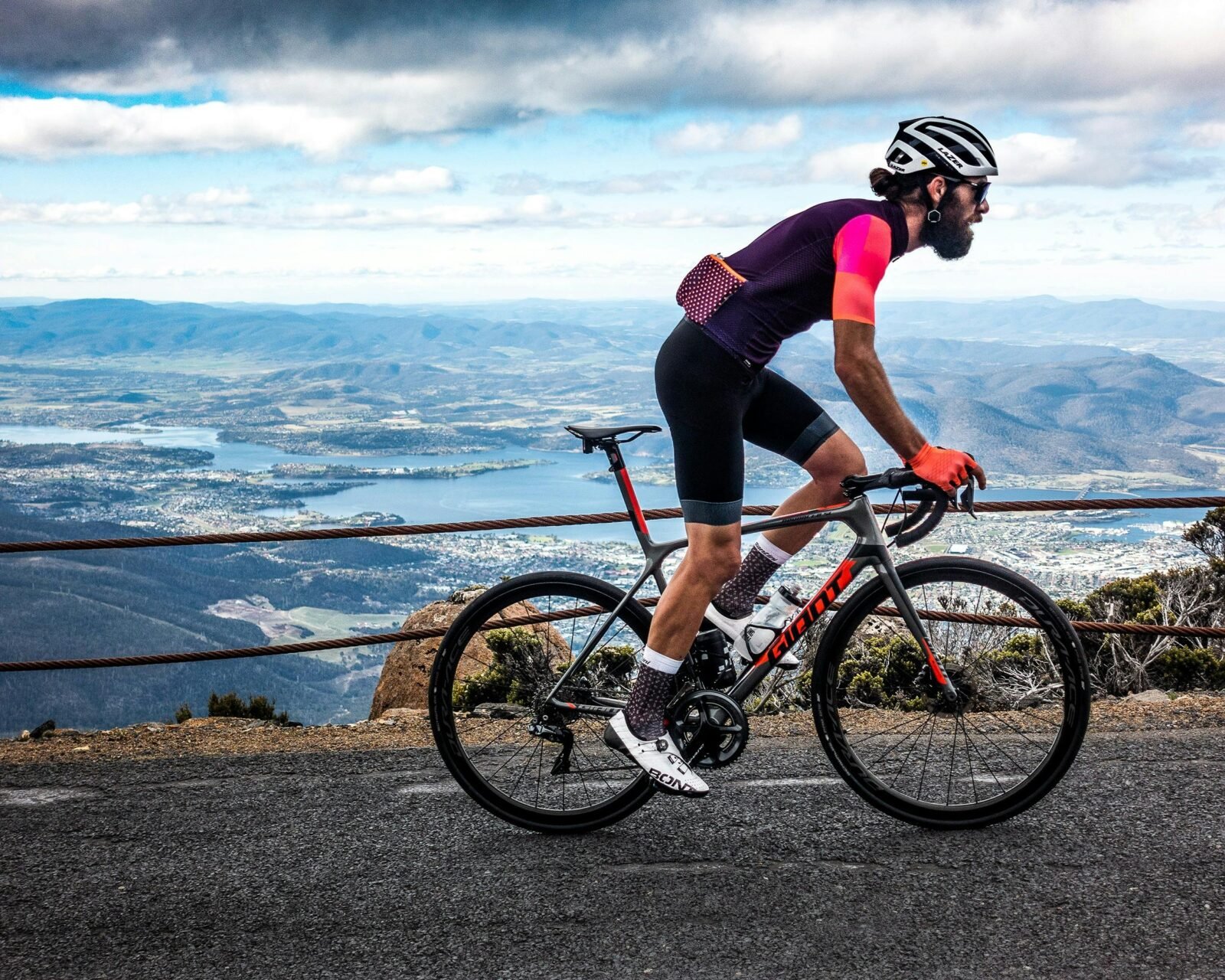 Cyclist at the top of Mt Wellington