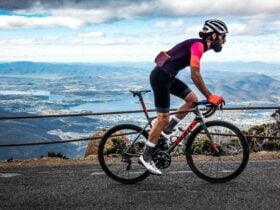 Cyclist at the top of Mt Wellington