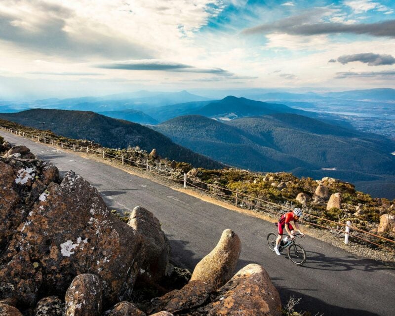Cycling at the top of Mt Wellington Tasmania
