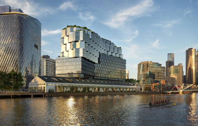 Hotel exterior at dusk, beautifully situated along the banks of the Yarra River.