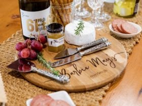 Welcome board with wine, biscuits and welcome treats