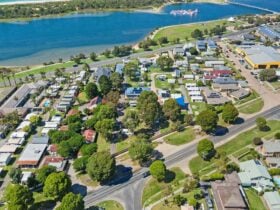 Aerial of BIG4 Waters Edge Holiday Park looking out to 90 Mile Beach