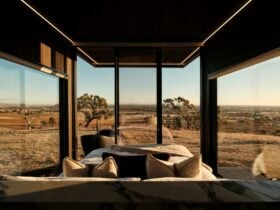 Eco-luxury cabin in Heathcote overlooking sweeping winery landscapes during sunrise