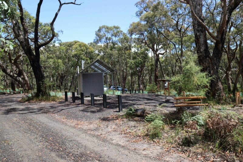 Picnic tables and toilet block surrounded by forest