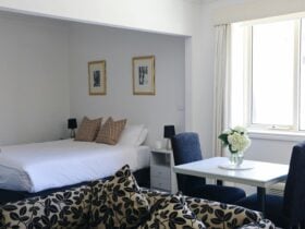 Spacious Studio apartment with queen bed, table and 2 chairs, sofa.