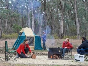 Group of people around a campfire in front of a tent
