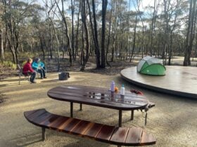 Wooded campsite with picnic table, tent on platform, and two people near a stove or fire pit