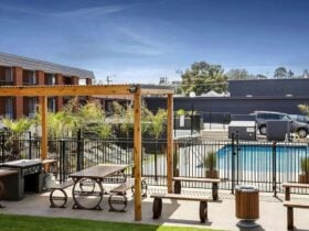 Pool in front of motel on a sunny day