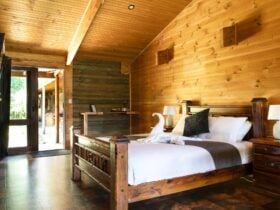 Queen bed in a wooden cabin