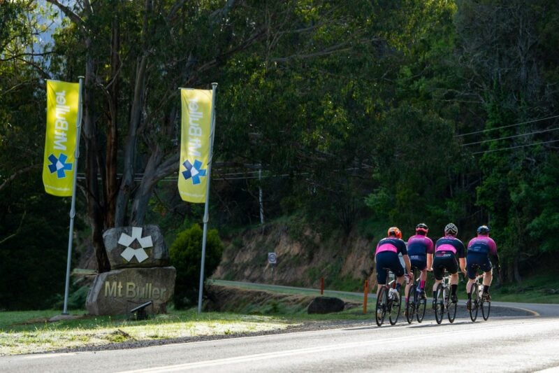 Group of cyclists cycling the Mt Buller 7 Peaks Challenge road route