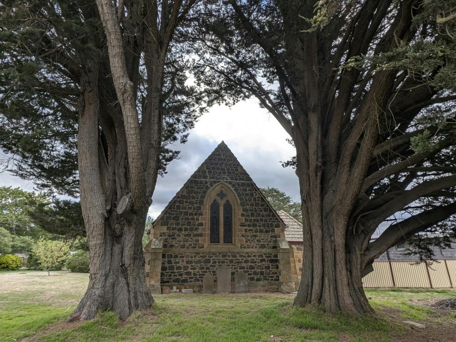 2 Monterey Cypress trees in front of uniting church building