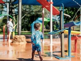 Young boy in blue swimmers at the Benalla Splash Park