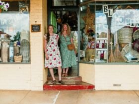 Two women in floral dresses standing on a door step of a shopfront with a window either side of them