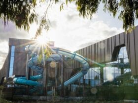 Outside of Brimbank Aquatic and Wellness Centre showing part of the outdoor waterslide