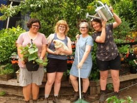 Four CERES Nursery team members stand holding plants, chooks and equipment.