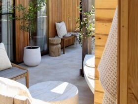 Outdoor courtyard at Flo Alchemy wellness studio in San Remo. A private, calm spa like setting.